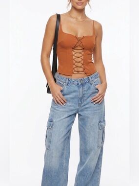 PrettyLittleThing NWT Rust Woven Cut Out Lace Up Crop Top